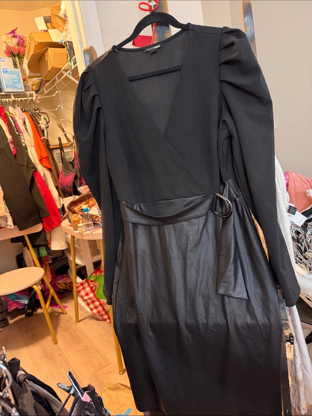 Mango Black Long-Sleeve Wrap Dress with Faux-Leather Skirt and Ring Belt
